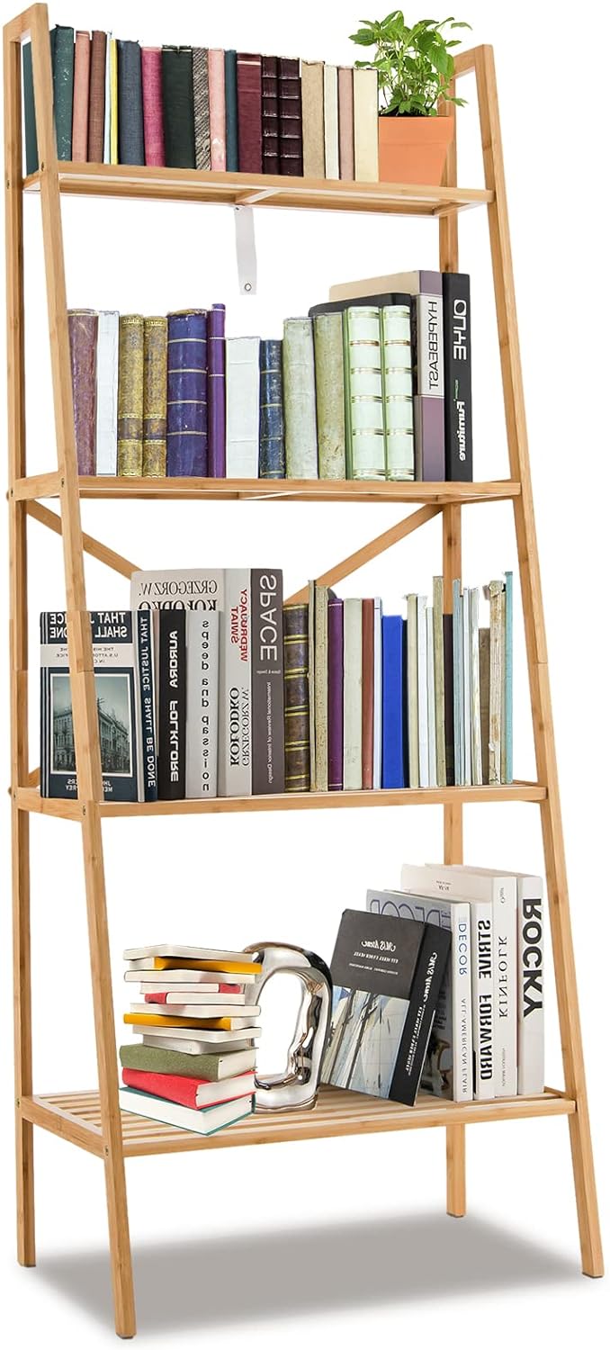 Bamboo 4-Tier Ladder Bookshelf: Versatile Freestanding Display Stand with Anti-Tipping Feature, Multi-Purpose Storage Shelving Unit