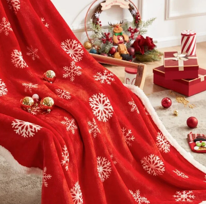 Cozy Christmas Flannel Lamb Blanket with Snowflakes and Reindeer Print: Perfect for Couch, Sofa, or Bed Warmth and Holiday Home Decor in Festive Red