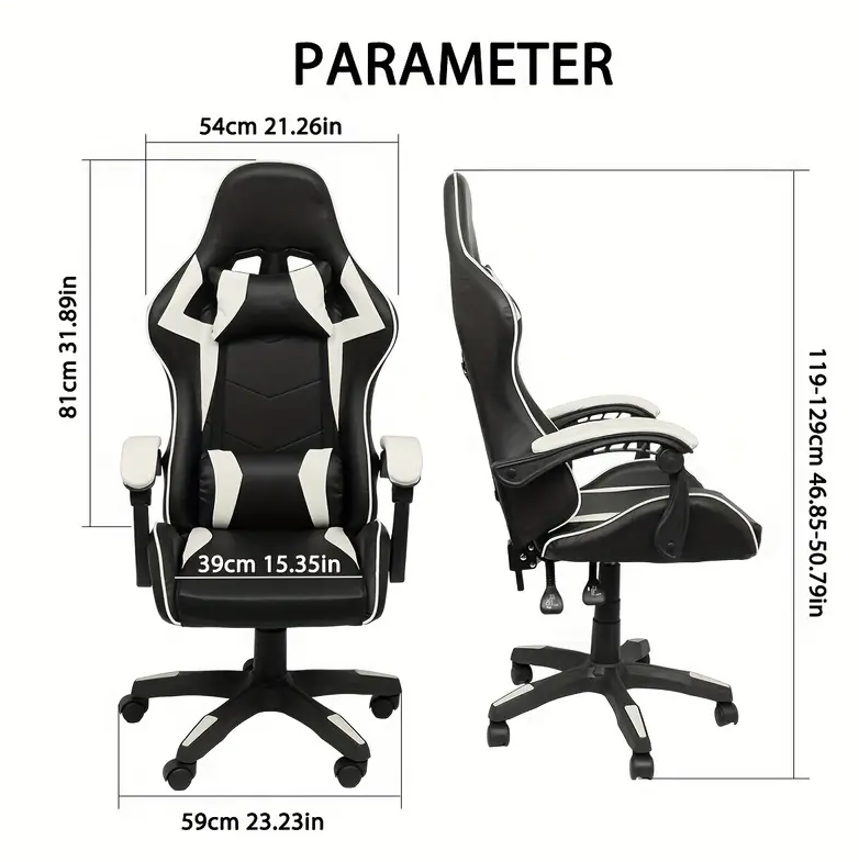 Premium Ergonomic Reclining Gaming and Office Chair in White PU Leather with Headrest, Lumbar Support, and Adjustable Features for Comfortable Gameplay and Work Sessions